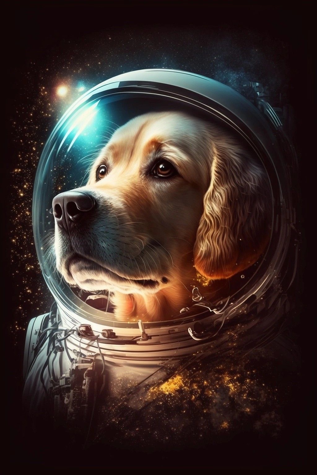 Belka the space dog in a cosmonaut helmet, drifting through a golden starfield